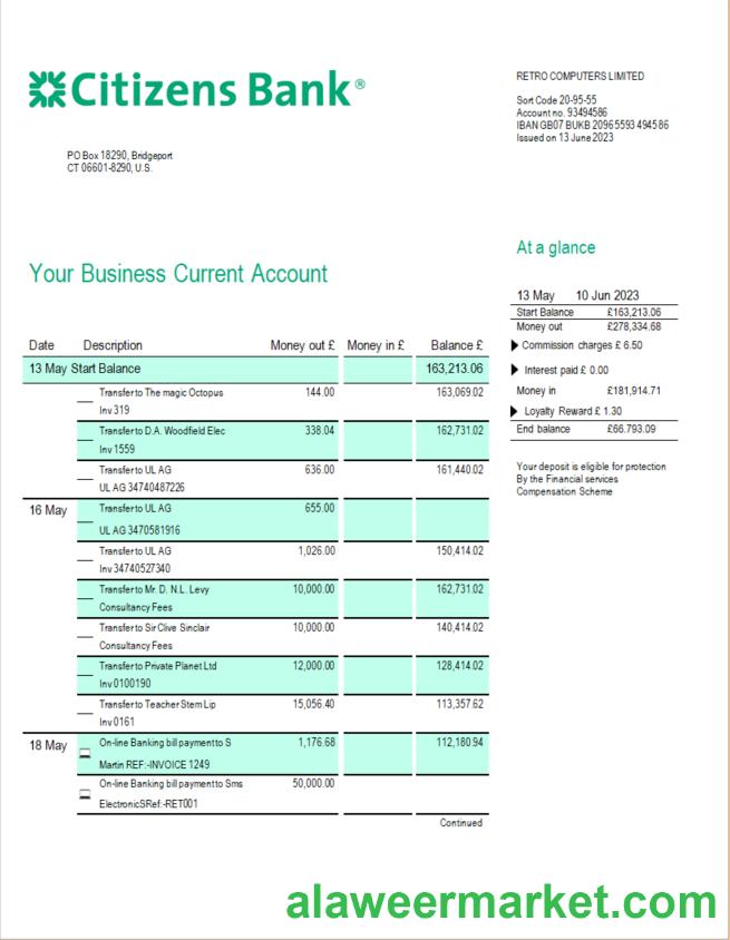 Citizens Bank firm statement Word and PDF template